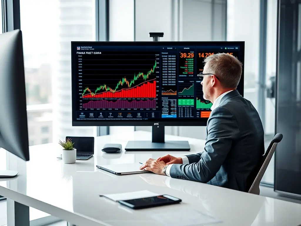 A financial advisor is reviewing risk assessment charts with a client in a well-lit office, with digital displays showing risk management data.