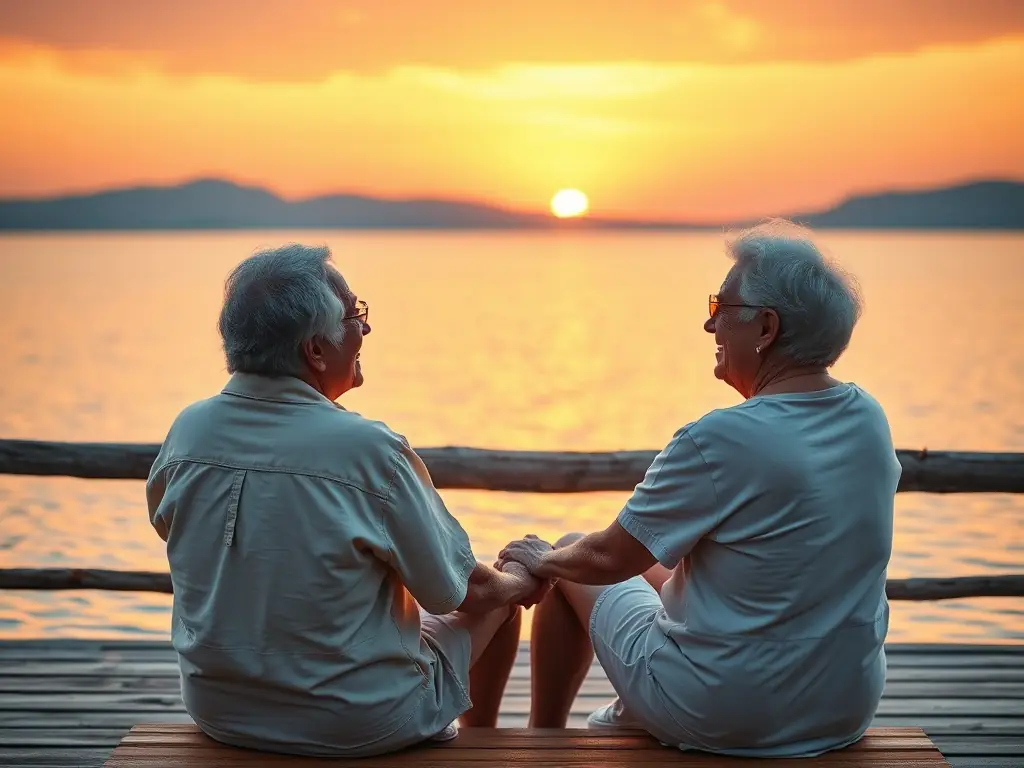 A serene image of a retired couple enjoying a sunset view, symbolizing a comfortable and secure retirement, with financial documents subtly placed nearby.