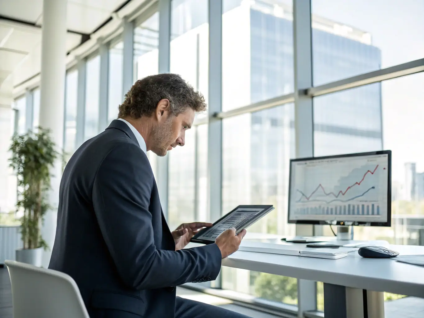 A professional financial advisor is presenting investment options on a tablet to a client in a modern office setting, with charts and graphs displayed in the background.