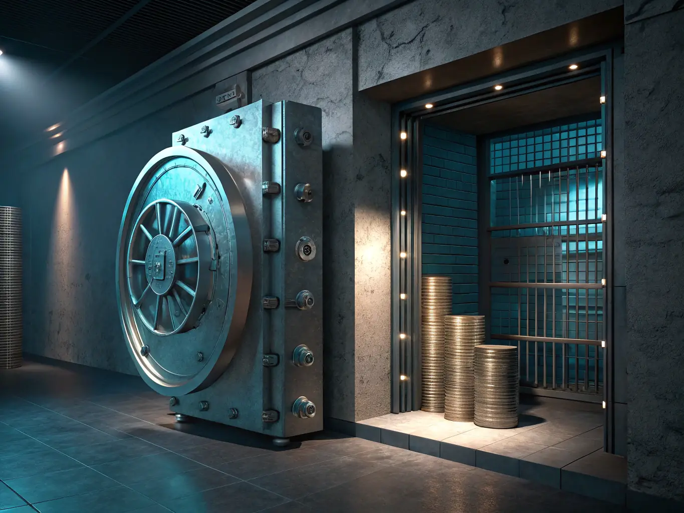 An image depicting a secure digital vault with financial documents and currency symbols, representing risk management and secure investment practices.