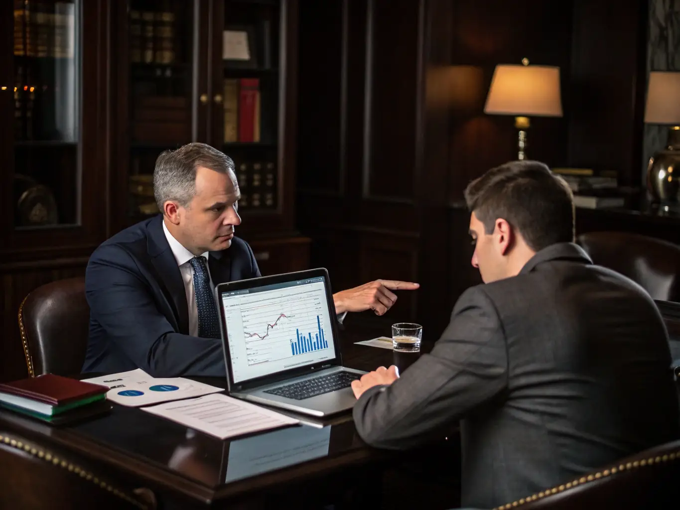 A professional financial advisor in a suit, sitting at a desk with a client, reviewing a diversified investment portfolio on a laptop screen, showcasing various asset classes and their performance metrics.