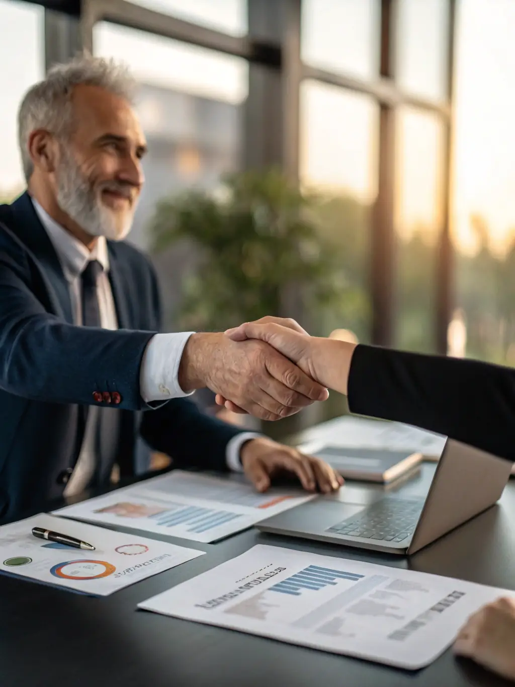 A professional businessman in a suit shaking hands with a financial advisor over a table with financial documents, symbolizing a successful financing agreement.