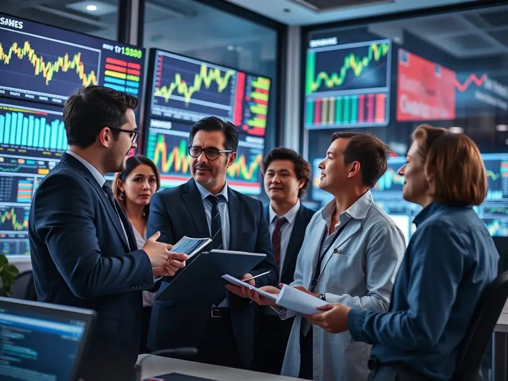 A modern office setting with a team of financial analysts collaborating on investment strategies, using data analytics and financial modeling tools.