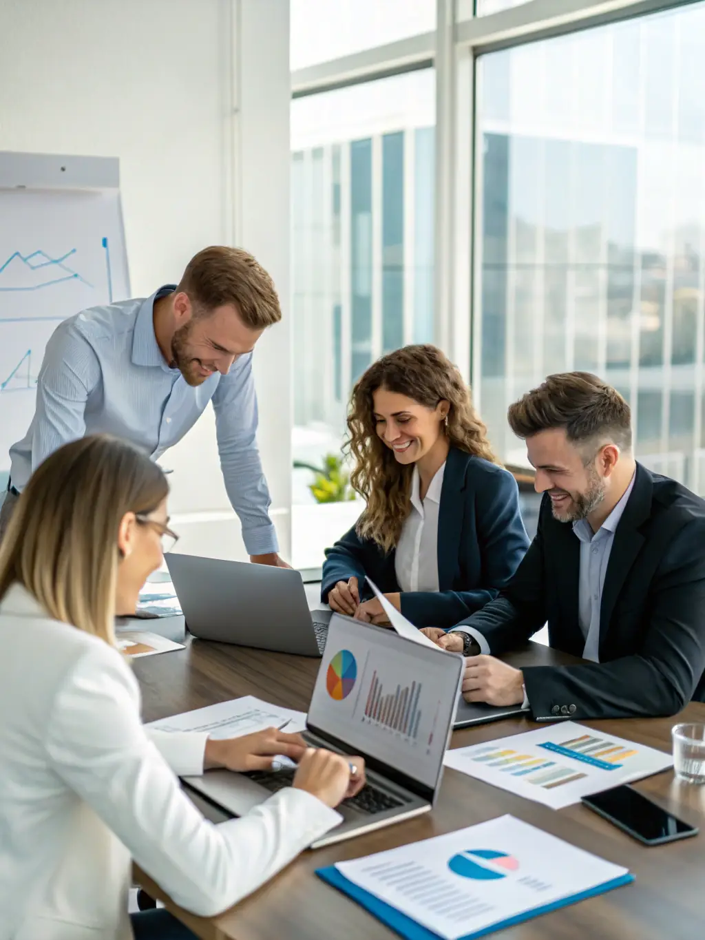 A modern office setting with a diverse team of financial analysts collaborating on investment strategies, showcasing the expertise behind RoyalClientZone's financing solutions.