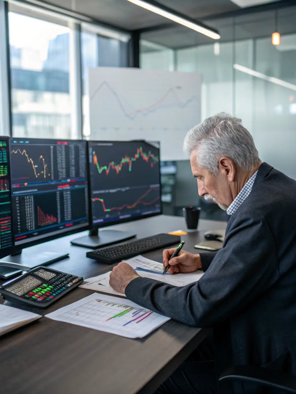 A financial analyst using advanced software to model potential market risks and assess their impact on investment portfolios, emphasizing proactive risk assessment.